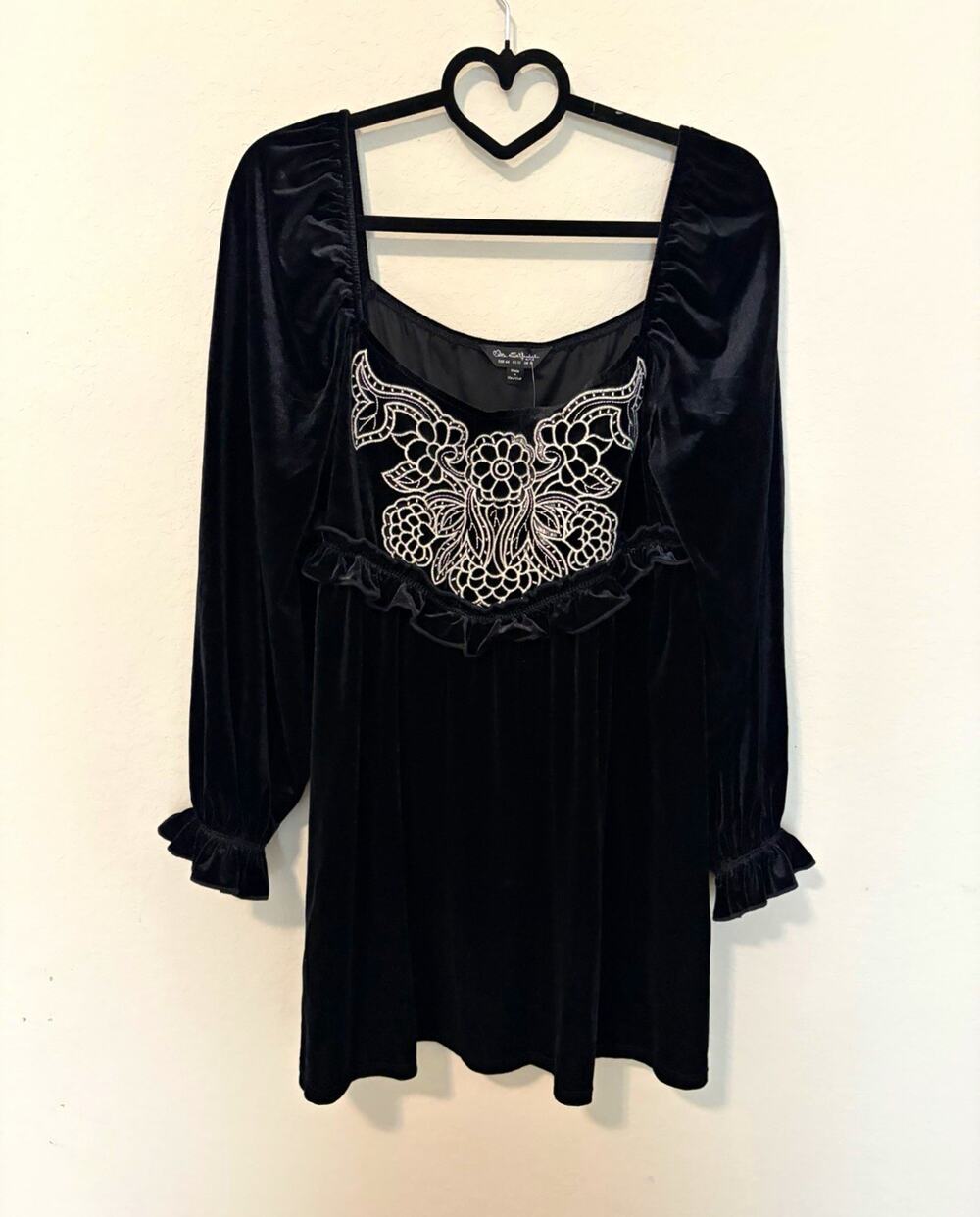 NWT Miss Selfridge Black Velvet Embroidery Ruffle Square Neck Baby Doll Goth 12